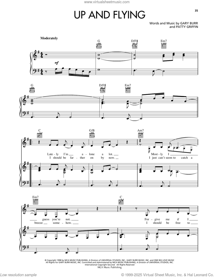 Up And Flying sheet music for voice, piano or guitar by Reba McEntire, Gary Burr and Patty Griffin, intermediate skill level