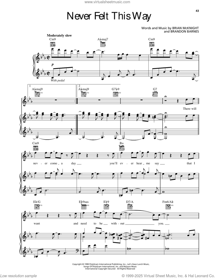 Never Felt This Way sheet music for voice, piano or guitar by Brian McKnight and Brandon Barnes, intermediate skill level