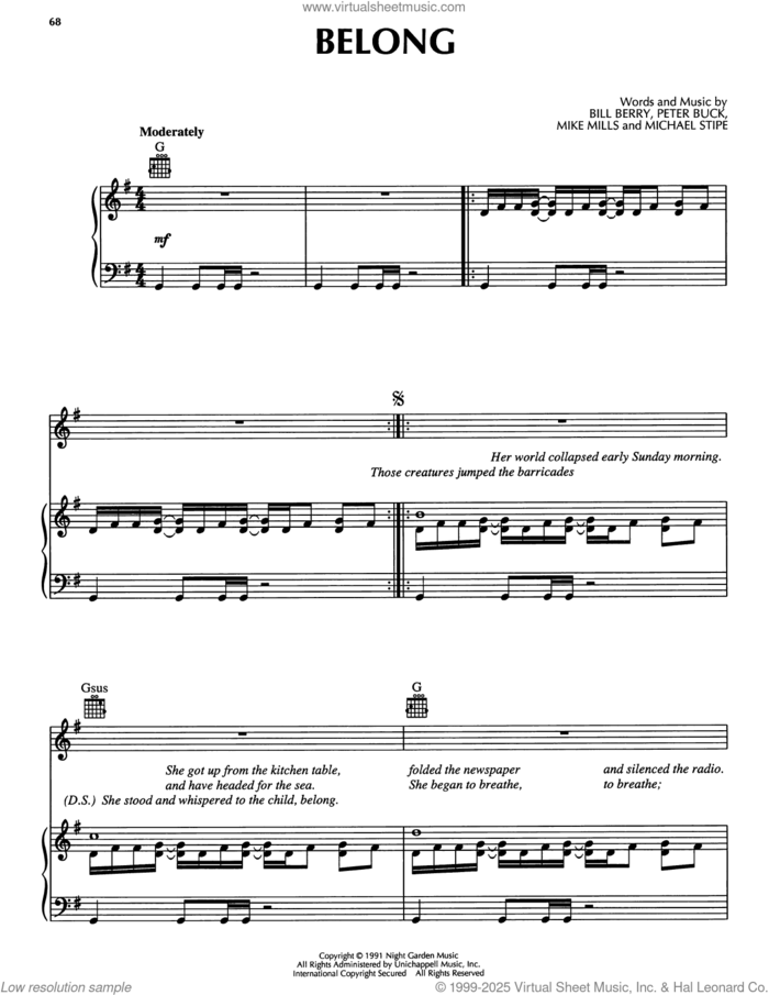 Belong sheet music for voice, piano or guitar by R.E.M., Bill Berry, Michael Stipe, Mike Mills and Peter Buck, intermediate skill level