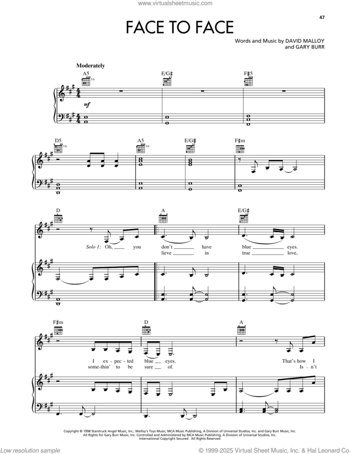Face To Face sheet music for voice, piano or guitar by Reba McEntire, David Malloy and Gary Burr, intermediate skill level