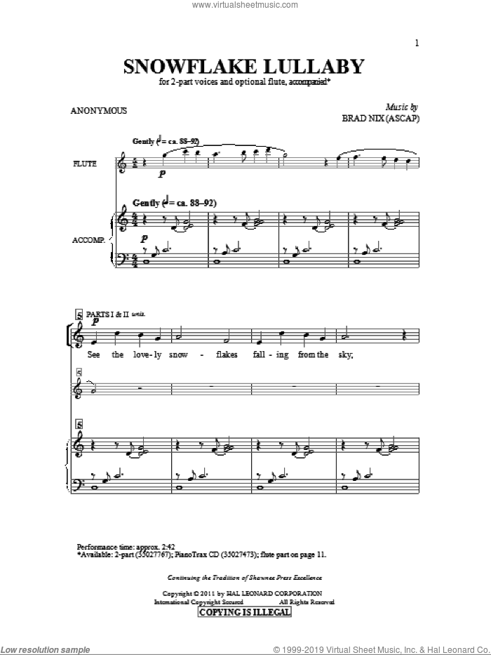 Snowflake Lullaby sheet music for choir (2-Part) by Brad Nix and Anonymous, intermediate duet