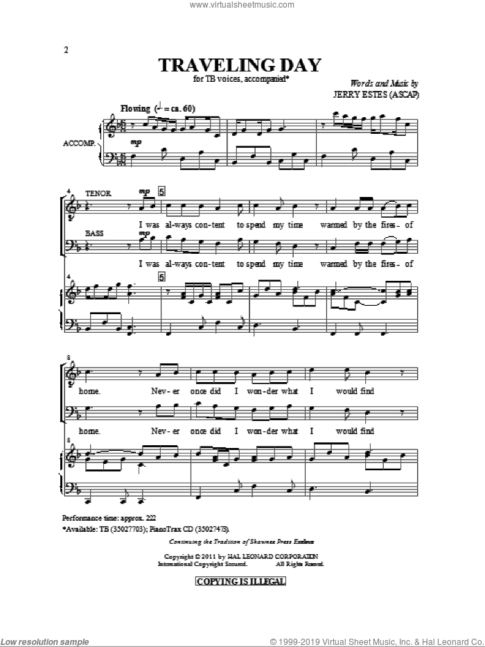 Traveling Day sheet music for choir (TB: tenor, bass) by Jerry Estes, intermediate skill level