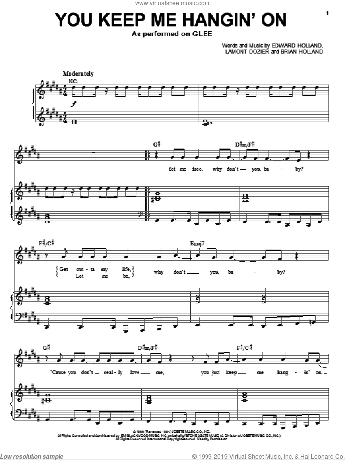 You Keep Me Hangin' On sheet music for voice and piano by Glee Cast, Miscellaneous, The Supremes, Brian Holland, Eddie Holland and Lamont Dozier, intermediate skill level