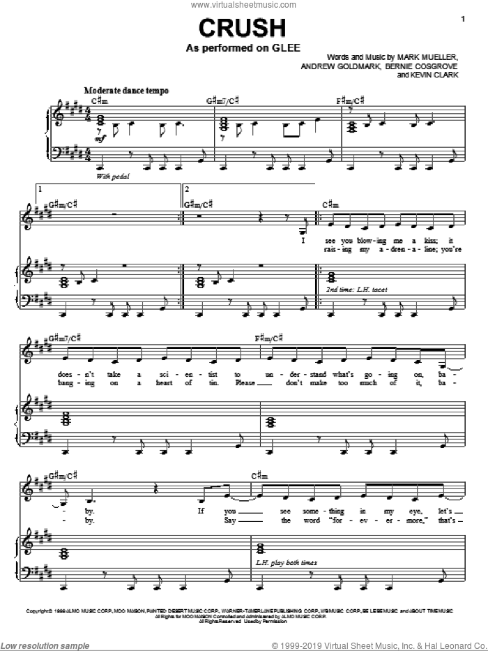 Crush sheet music for voice and piano by Glee Cast, Jennifer Paige, Miscellaneous, Andrew Goldmark, Bernie Cosgrove, Kevin Clark and Mark Mueller, intermediate skill level