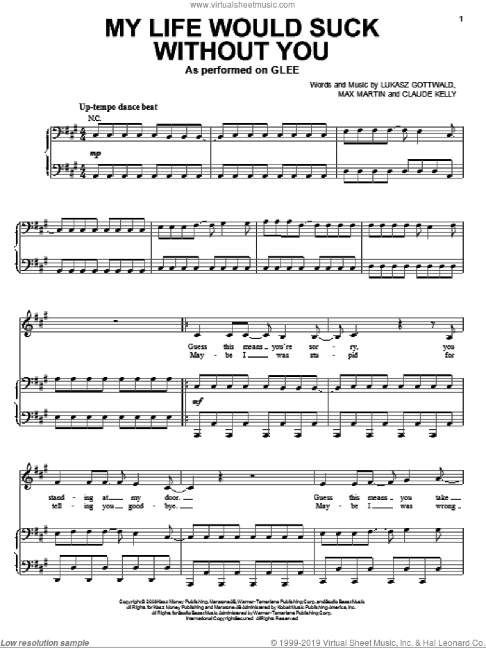 My Life Would Suck Without You sheet music for voice and piano by Glee Cast, Kelly Clarkson, Miscellaneous, Claude Kelly, Lukasz Gottwald and Max Martin, intermediate skill level