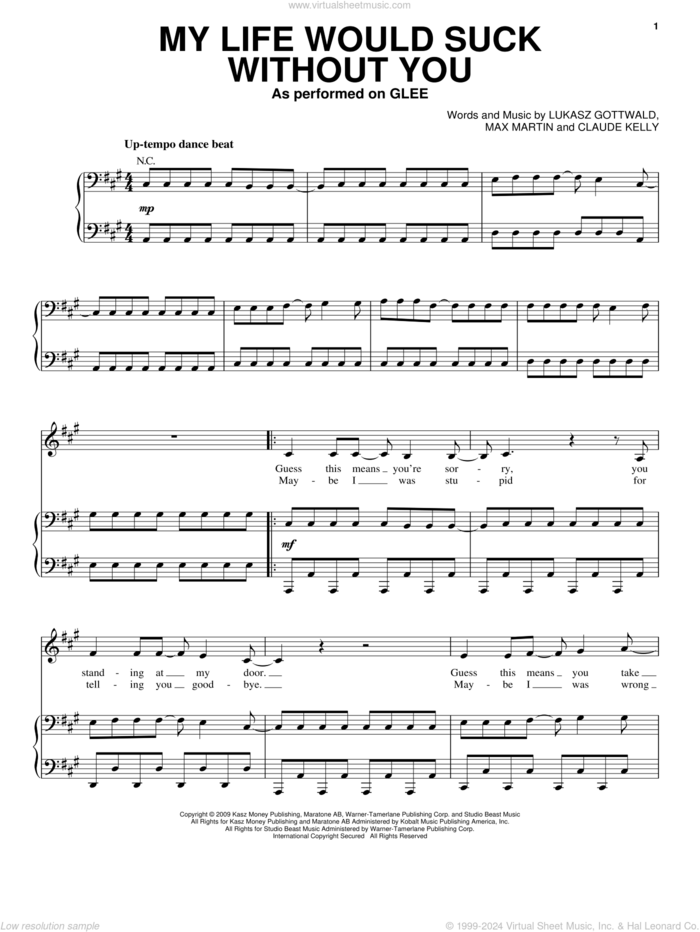 My Life Would Suck Without You sheet music for voice and piano by Glee Cast, Kelly Clarkson, Miscellaneous, Claude Kelly, Lukasz Gottwald and Max Martin, intermediate skill level