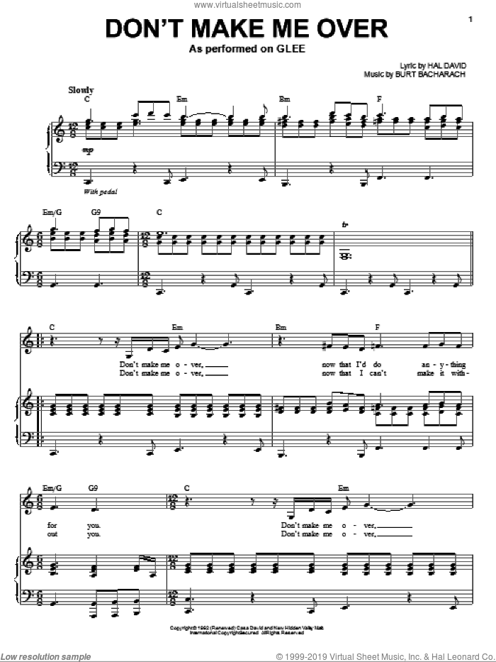 Don't Make Me Over sheet music for voice and piano by Glee Cast, Bacharach & David, Miscellaneous, Burt Bacharach and Hal David, intermediate skill level