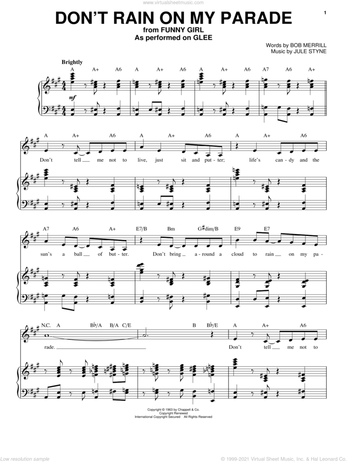 Don't Rain On My Parade (from Funny Girl) sheet music for voice and piano by Glee Cast, Barbra Streisand, Miscellaneous, Bob Merrill and Jule Styne, intermediate skill level