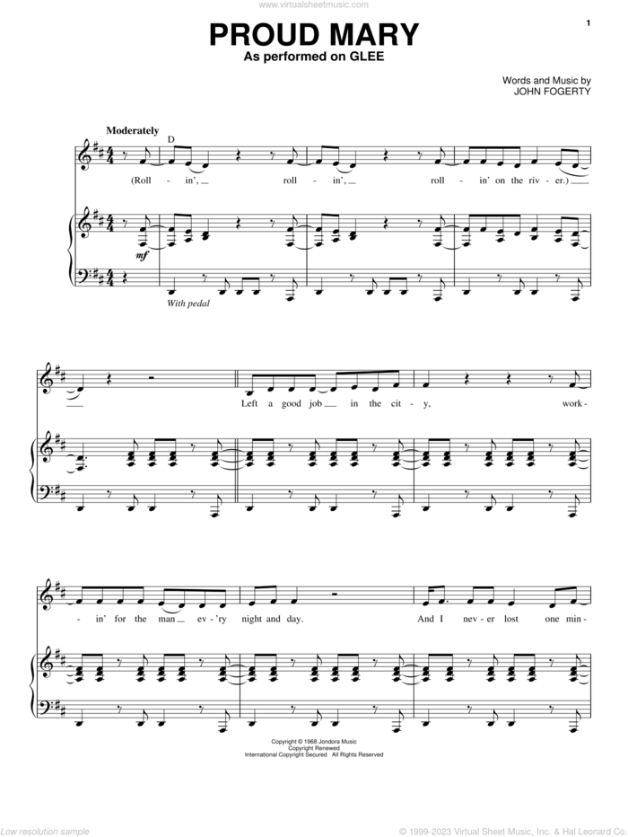 Proud Mary sheet music for voice and piano by Glee Cast, Creedence Clearwater Revival, Miscellaneous and John Fogerty, intermediate skill level