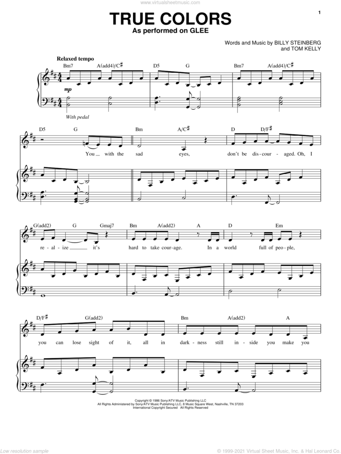 True Colors sheet music for voice and piano by Glee Cast, Cyndi Lauper, Miscellaneous, Phil Collins, Billy Steinberg and Tom Kelly, intermediate skill level