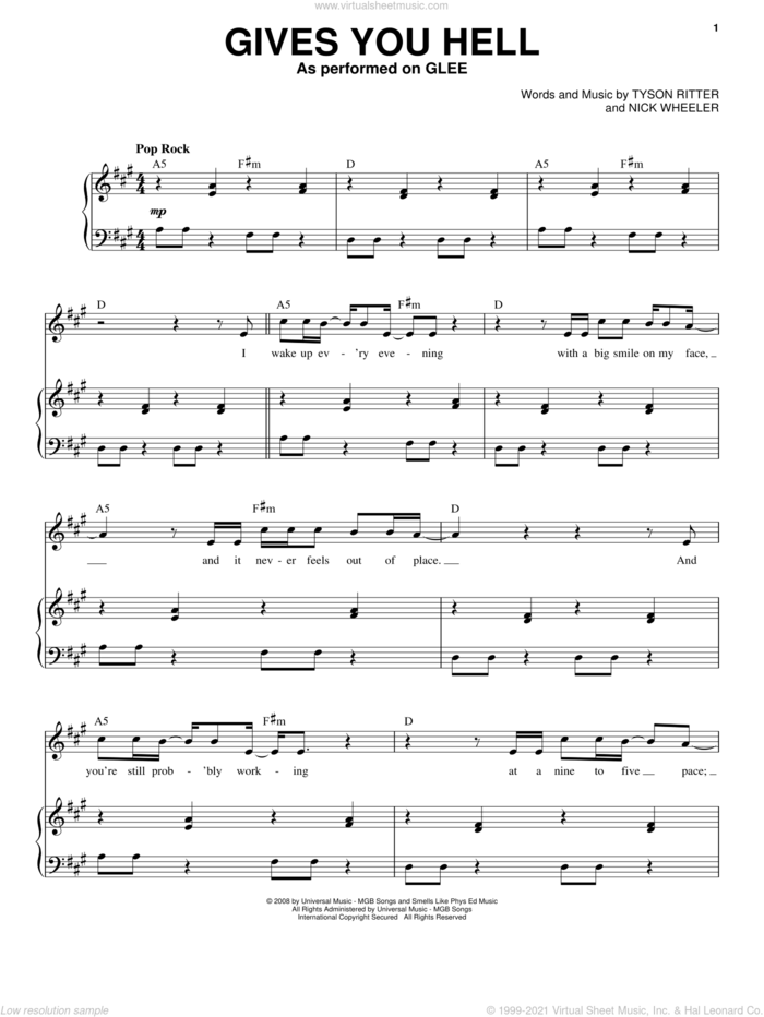 Gives You Hell sheet music for voice and piano by Glee Cast, Miscellaneous, The All-American Rejects, Nick Wheeler and Tyson Ritter, intermediate skill level