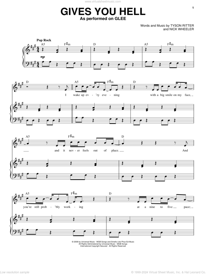 Gives You Hell sheet music for voice and piano by Glee Cast, Miscellaneous, The All-American Rejects, Nick Wheeler and Tyson Ritter, intermediate skill level