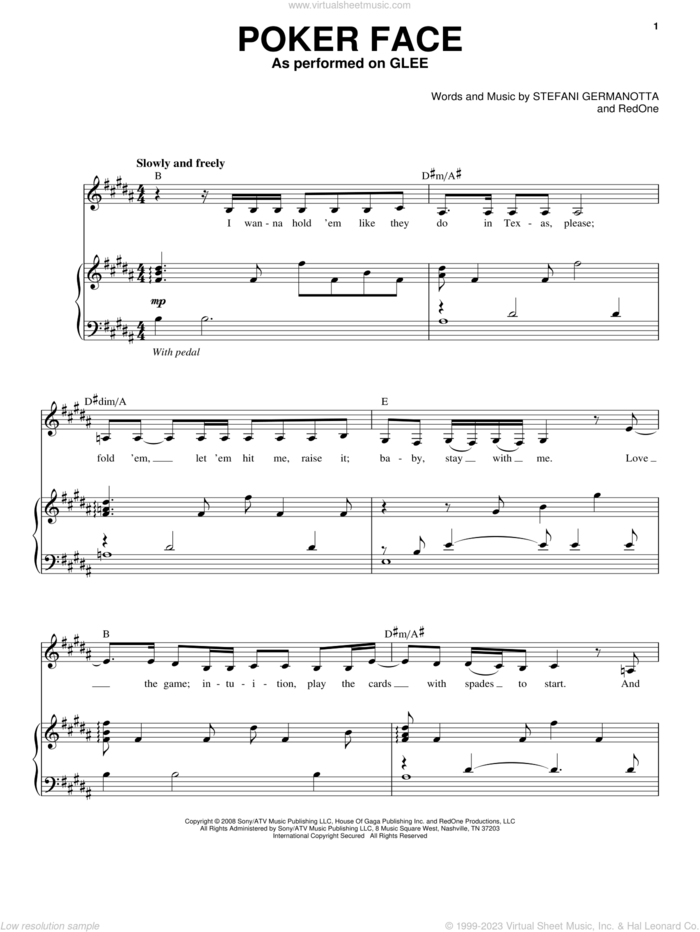 Poker Face sheet music for voice and piano by Glee Cast, Lady GaGa, Miscellaneous, Lady Gaga and RedOne, intermediate skill level