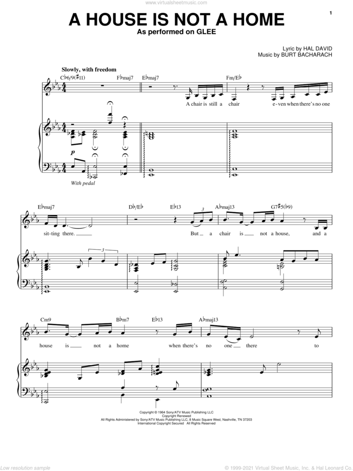 A House Is Not A Home sheet music for voice and piano by Glee Cast, Bacharach & David, Miscellaneous, Promises, Promises (Musical), Burt Bacharach and Hal David, intermediate skill level
