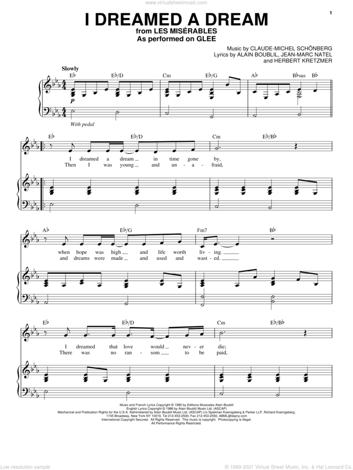 I Dreamed A Dream sheet music for voice and piano by Glee Cast, Les Miserables (Musical), Miscellaneous, Alain Boublil, Claude-Michel Schonberg, Herbert Kretzmer and Jean-Marc Natel, intermediate skill level