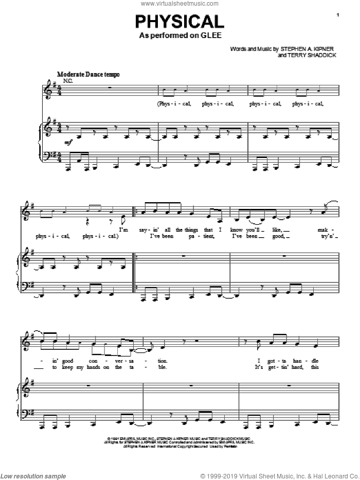 Physical sheet music for voice and piano by Glee Cast, Miscellaneous, Olivia Newton-John, Stephen A. Kipner and Terry Shaddick, intermediate skill level