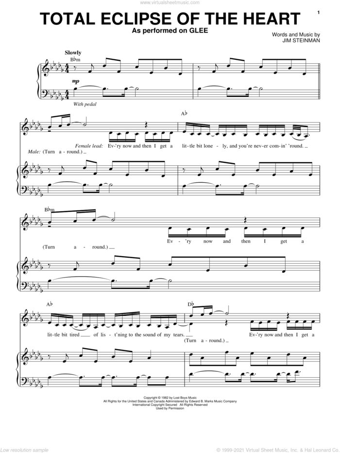 Total Eclipse Of The Heart sheet music for voice and piano by Glee Cast, Bonnie Tyler, Miscellaneous and Jim Steinman, intermediate skill level
