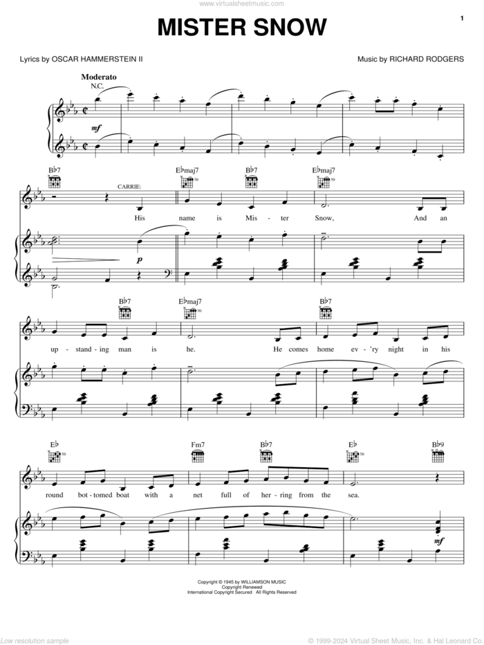 Mister Snow sheet music for voice, piano or guitar by Rodgers & Hammerstein, Bernadette Peters, Carousel (Musical), Oscar II Hammerstein and Richard Rodgers, intermediate skill level