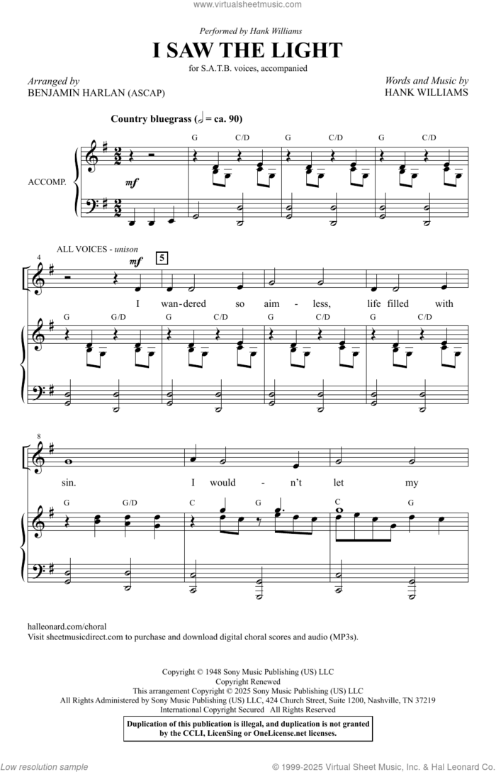 I Saw The Light (arr. Benjamin Harlan) sheet music for choir (SATB: soprano, alto, tenor, bass) by Hank Williams and Benjamin Harlan, intermediate skill level