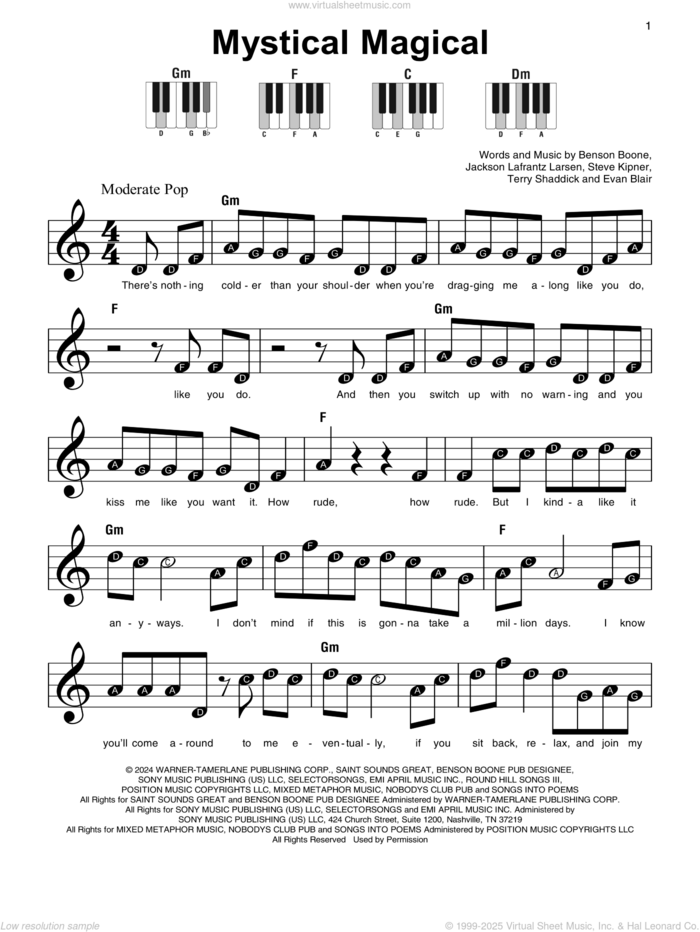 Mystical Magical, (beginner) sheet music for piano solo by Benson Boone, Evan Blair, Jackson Lafrantz Larsen, Steve Kipner and Terry Shaddick, beginner skill level