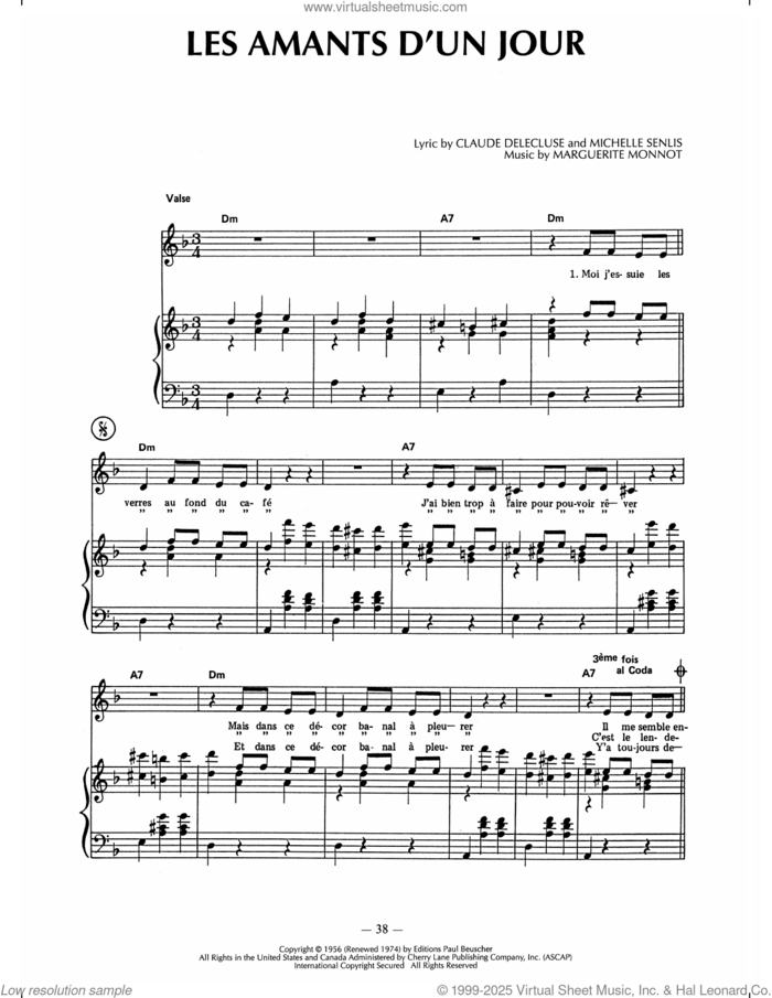 Les Amants D'un Jour sheet music for voice, piano or guitar by Edith Piaf, Claude Delecluse, Marguerite Monnot and Michelle Senlis, intermediate skill level