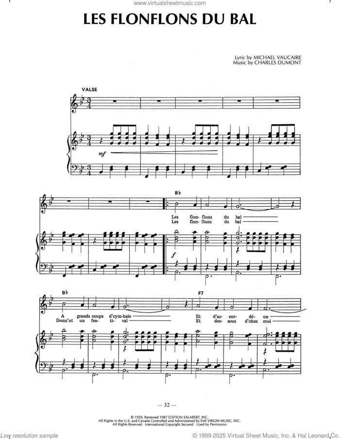 Les Flonflons Du Bal sheet music for voice, piano or guitar by Edith Piaf, Charles Dumont and Michael Vaucaire, intermediate skill level