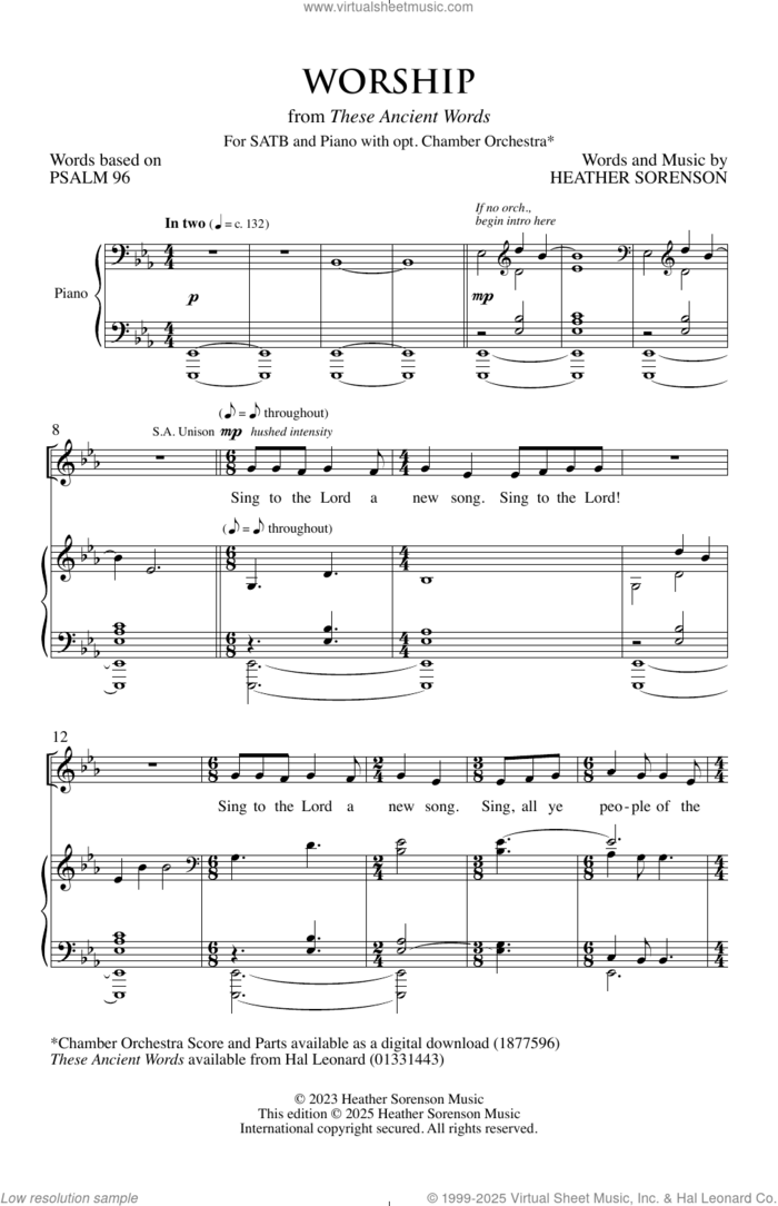 Worship sheet music for choir (SATB: soprano, alto, tenor, bass) by Heather Sorenson and Psalm 96, intermediate skill level