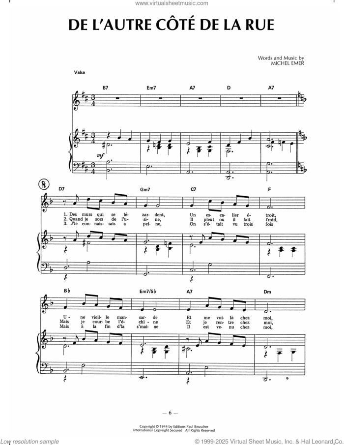 De L'autre Cote De La Rue sheet music for voice, piano or guitar by Edith Piaf and Michel Emer, intermediate skill level