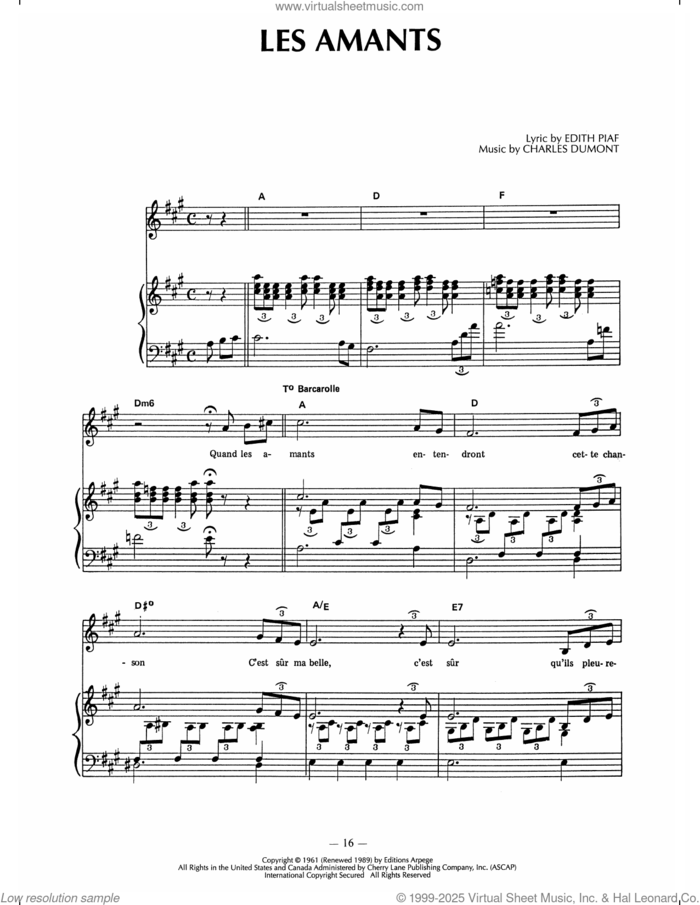 Les Amants sheet music for voice, piano or guitar by Edith Piaf and Charles Dumont, intermediate skill level