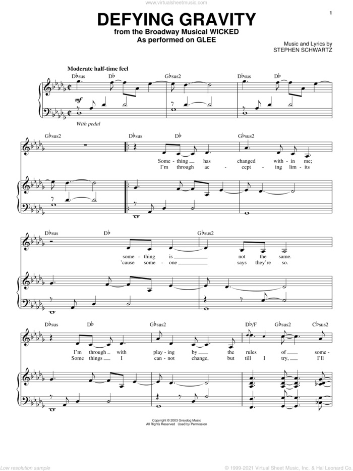 Defying Gravity (from Wicked) sheet music for voice and piano by Glee Cast, Miscellaneous and Stephen Schwartz, intermediate skill level