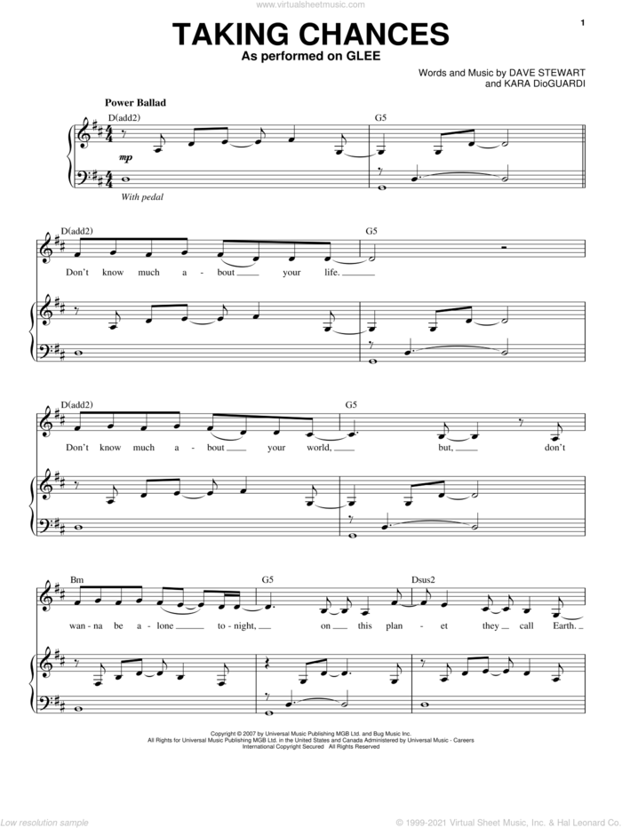 Taking Chances sheet music for voice and piano by Glee Cast, Celine Dion, Miscellaneous, Dave Stewart and Kara DioGuardi, intermediate skill level