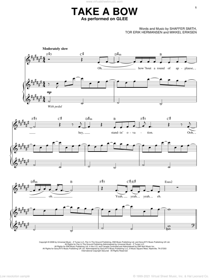 Take A Bow sheet music for voice and piano by Glee Cast, Miscellaneous, Rihanna, Mikkel Eriksen, Shaffer Smith and Tor Erik Hermansen, intermediate skill level