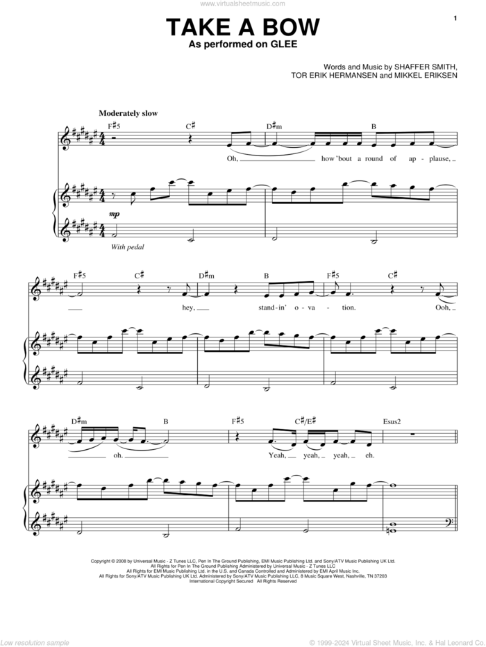 Take A Bow sheet music for voice and piano by Glee Cast, Miscellaneous, Rihanna, Mikkel Eriksen, Shaffer Smith and Tor Erik Hermansen, intermediate skill level