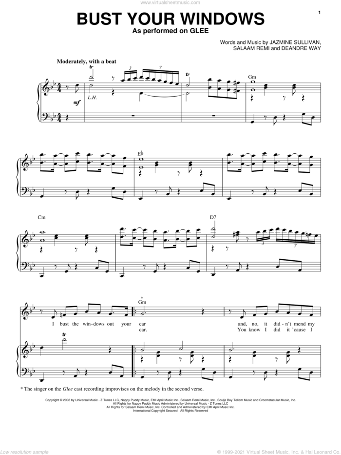 Bust Your Windows sheet music for voice and piano by Glee Cast, Miscellaneous, Deandre Way, Jazmine Sullivan and Salaam Remi, intermediate skill level
