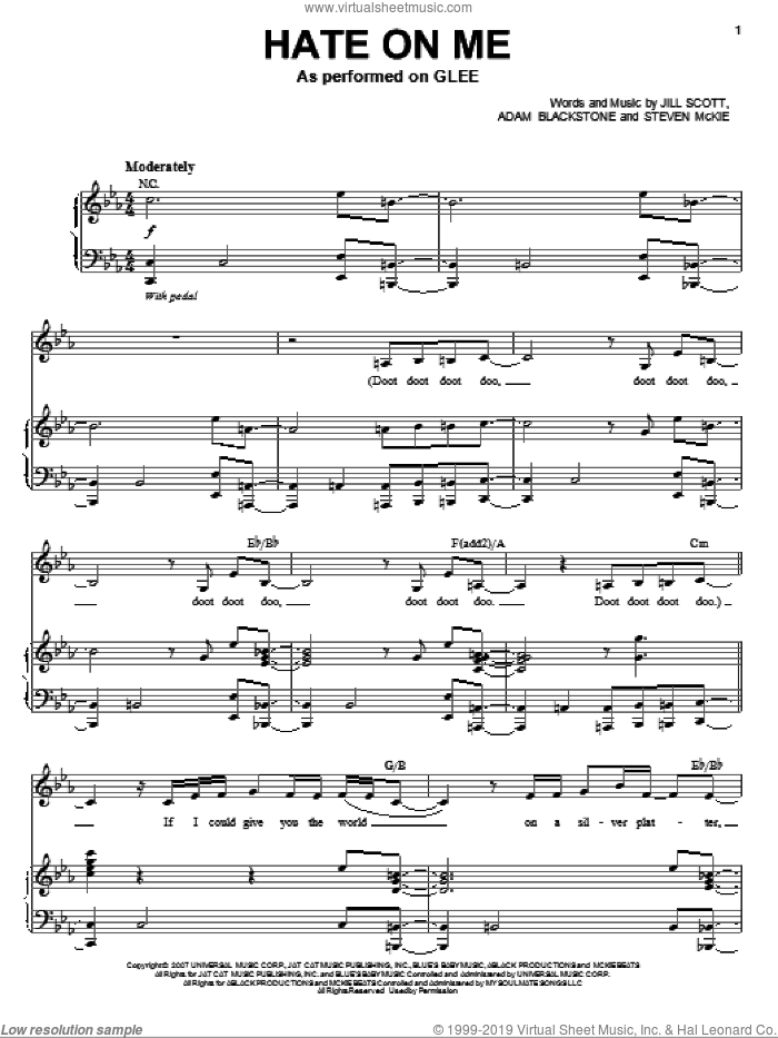Hate On Me sheet music for voice and piano by Glee Cast, Miscellaneous, Adam Blackstone, Jill Scott and Steven McKie, intermediate skill level
