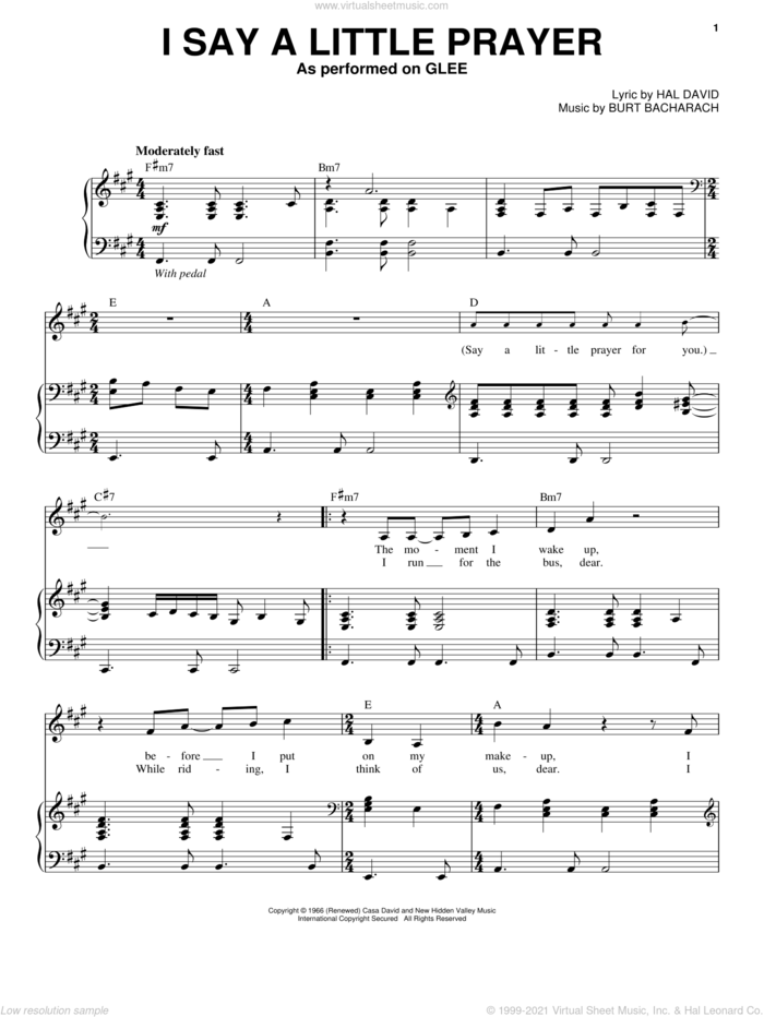 I Say A Little Prayer sheet music for voice and piano by Glee Cast, Bacharach & David, Dionne Warwick, Miscellaneous, Burt Bacharach and Hal David, intermediate skill level