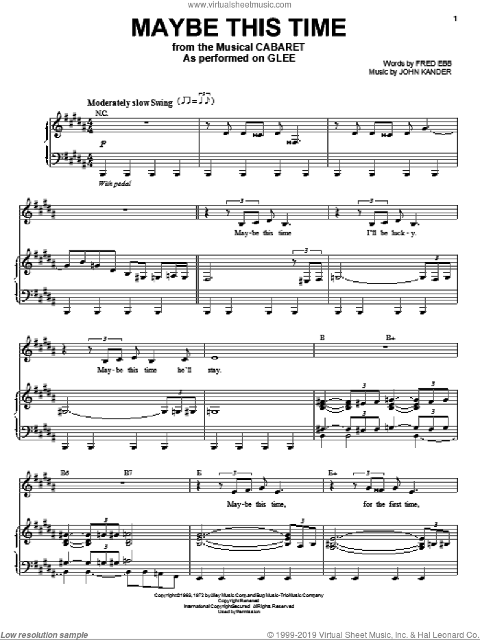 Maybe This Time sheet music for voice and piano by Glee Cast, Cabaret (Musical), Kander & Ebb, Miscellaneous, Fred Ebb and John Kander, intermediate skill level
