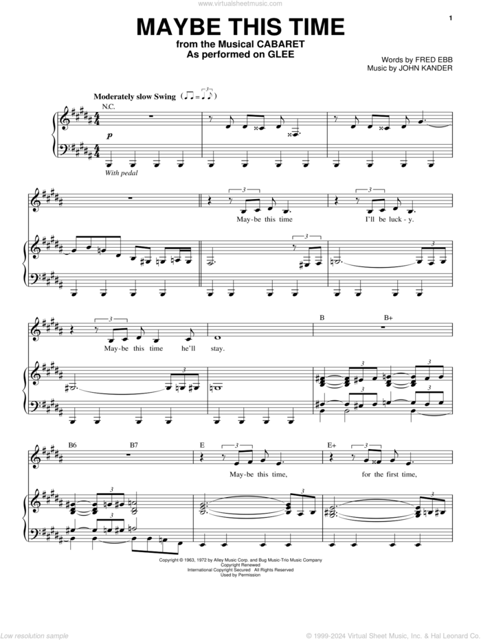 Maybe This Time sheet music for voice and piano by Glee Cast, Cabaret (Musical), Kander & Ebb, Miscellaneous, Fred Ebb and John Kander, intermediate skill level