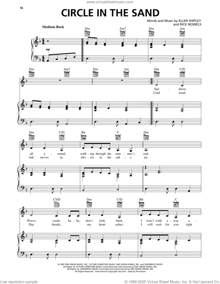 Circle In The Sand sheet music for voice, piano or guitar by Belinda Carlisle, Rick Nowels and Ellen Shipley, intermediate skill level