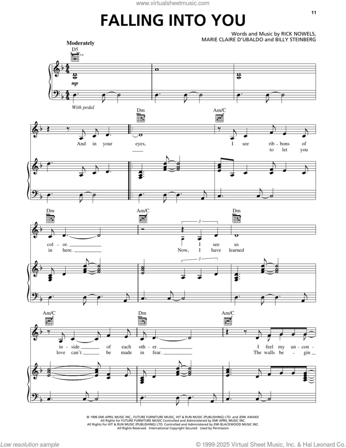 Falling Into You sheet music for voice, piano or guitar by Rick Nowels and Billy Steinberg, intermediate skill level