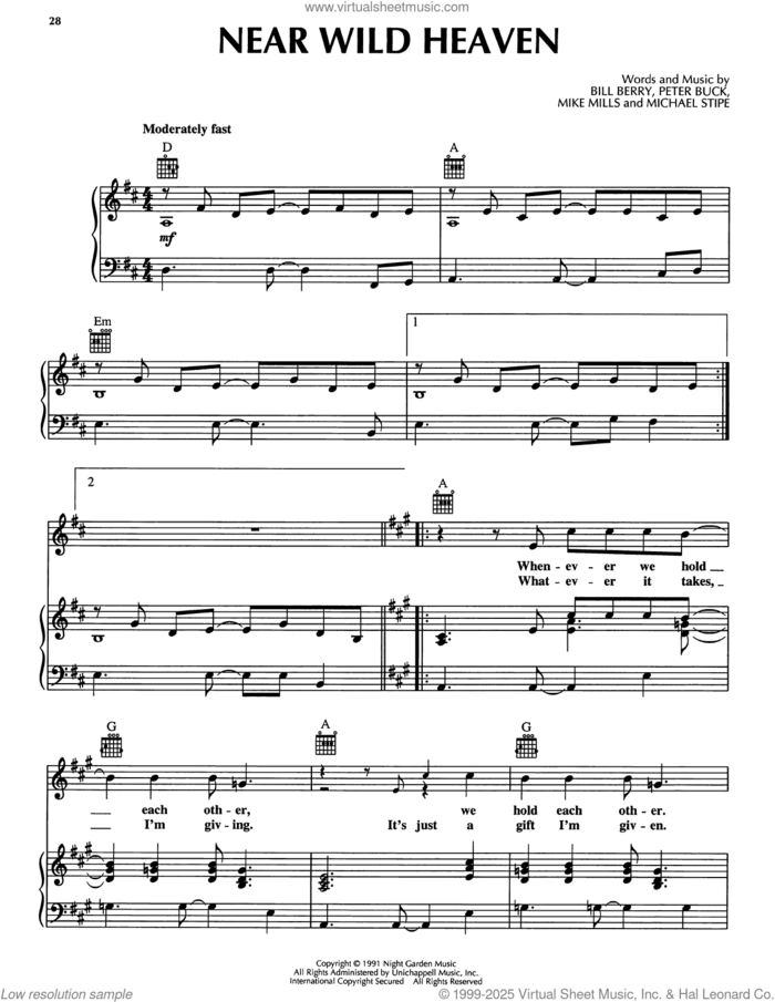 Near Wild Heaven sheet music for voice, piano or guitar by R.E.M., Bill Berry, Michael Stipe, Mike Mills and Peter Buck, intermediate skill level