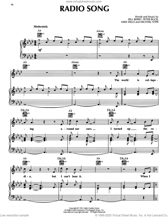 Radio Song sheet music for voice, piano or guitar by R.E.M., Bill Berry, Michael Stipe, Mike Mills and Peter Buck, intermediate skill level