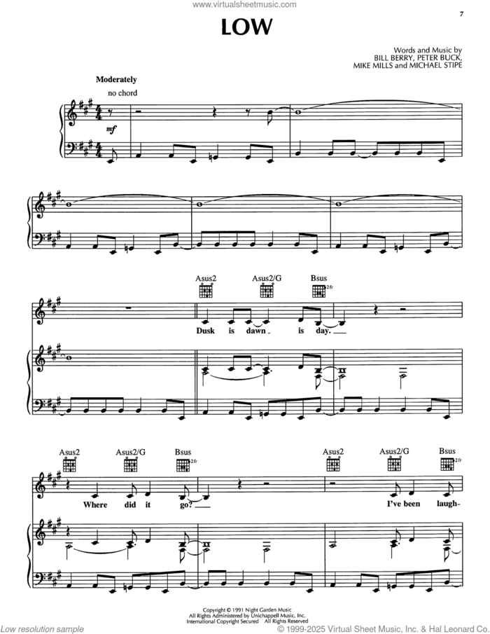 Low sheet music for voice, piano or guitar by R.E.M., Bill Berry, Michael Stipe, Mike Mills and Peter Buck, intermediate skill level