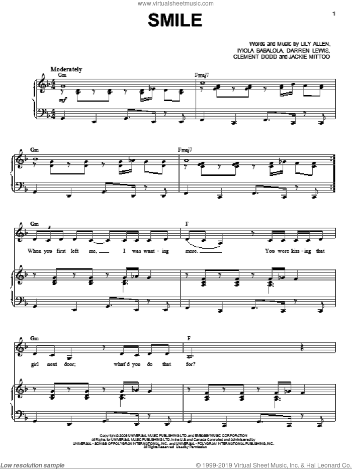 Smile sheet music for voice and piano by Glee Cast, Miscellaneous, Clement Dodd, Darren Lewis, Iyiola Bablola, Jackie Mittoo and Lily Allen, intermediate skill level