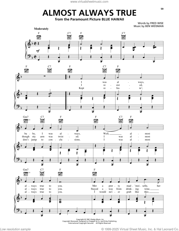 Almost Always True sheet music for voice, piano or guitar by Elvis Presley, Ben Weisman and Fred Wise, intermediate skill level