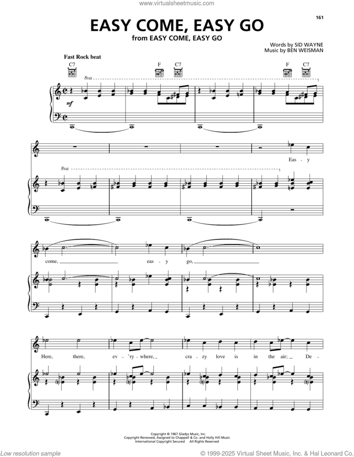 Easy Come, Easy Go sheet music for voice, piano or guitar by Elvis Presley, Ben Weisman and Sid Wayne, intermediate skill level