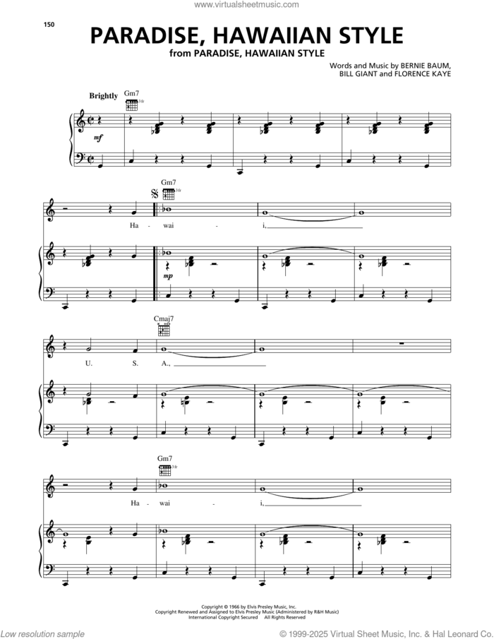 Paradise, Hawaiian Style sheet music for voice, piano or guitar by Elvis Presley, Bernie Baum, Bill Giant and Florence Kaye, intermediate skill level