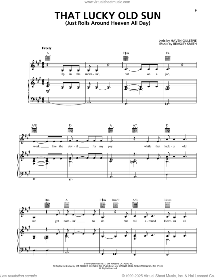 That Lucky Old Sun sheet music for voice, piano or guitar by Johnny Cash, Beasley Smith and Haven Gillespie, intermediate skill level