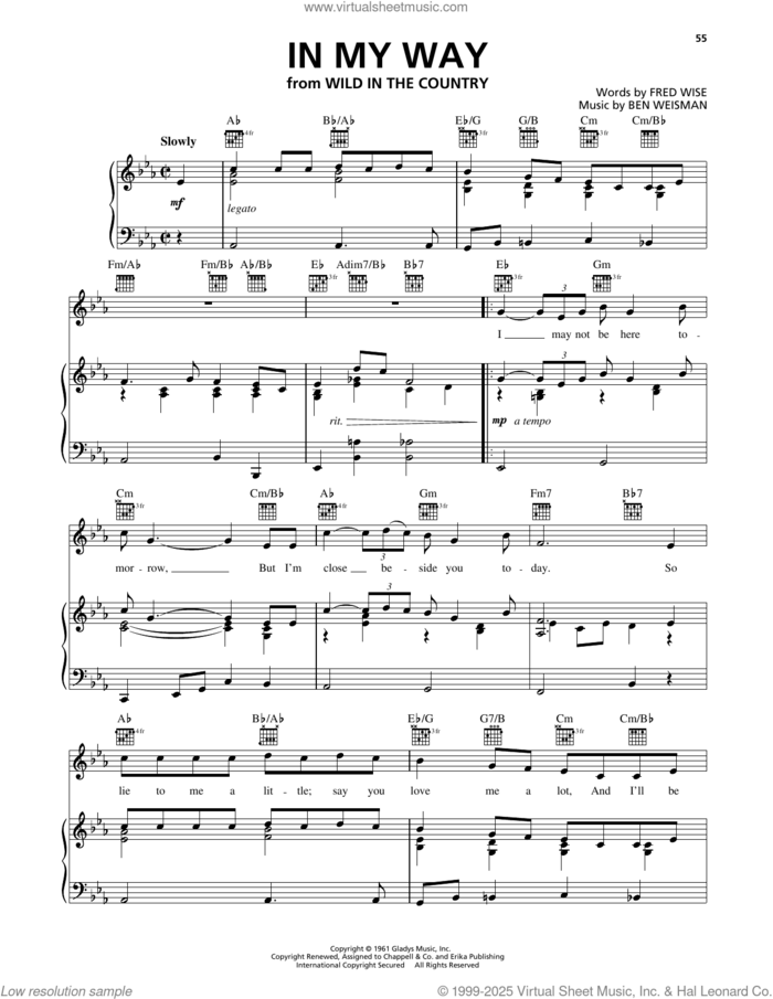 In My Way sheet music for voice, piano or guitar by Elvis Presley, Ben Weisman and Fred Wise, intermediate skill level
