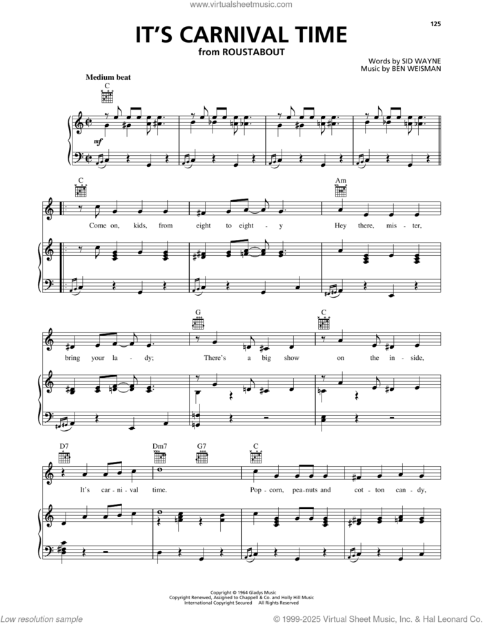 It's Carnival Time sheet music for voice, piano or guitar by Elvis Presley, Ben Weisman and Sid Wayne, intermediate skill level